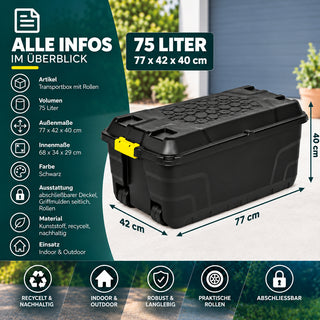 2 x XL Transportbox "Heavy Duty" mit Deckel - rollbar - 75 Liter Volumen