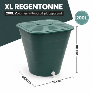 XL Wassertonne 200 Liter mit Deckel und Hahn, eckiges Format in Grün