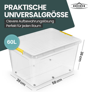 Aufbewahrungsbox 'Simple Store' mit Deckel transparent - stapelbare Kunststoffbox mit Rollen & Clips - 60 Liter (Set wählbar)