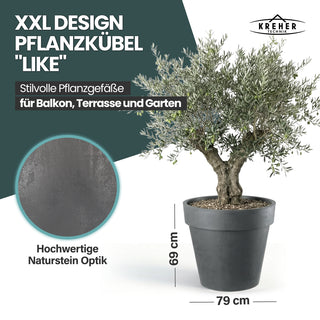 XXL Pflanzkübel / Pflanztopf „LIKE“ Ø 79 x H 69 cm - Anthrazit - Rund, Rollbar - in Natur Stein Optik
