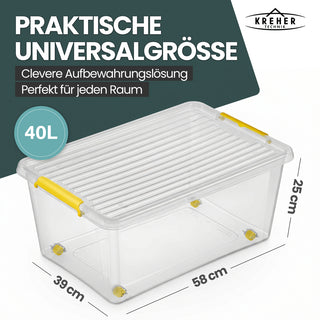 Aufbewahrungsbox 'Simple Store' mit Deckel transparent - stapelbare Kunststoffbox mit Rollen & Clips - 40 Liter (Set wählbar)