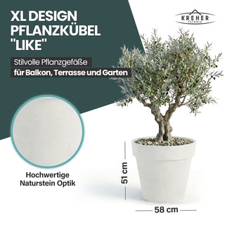 XL Pflanzkübel / Pflanztopf „LIKE“ Ø 58 x H 51 cm - Weiß - Rund, Rollbar - in Natur Stein Optik