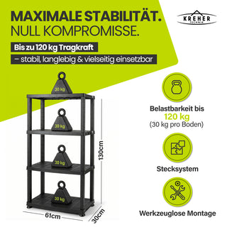 3 x Kunststoffregal „Neo“ mit 4 Böden - 30 kg pro Boden - Schwarz