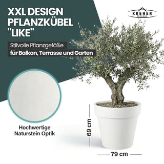 2 x XXL Pflanzkübel / Pflanztopf „LIKE“ Ø 79 x H 69 cm - Weiß - Rund, Rollbar - in Natur Stein Optik