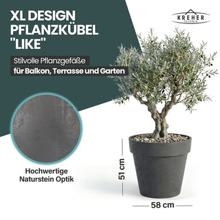 XL Pflanzkübel / Pflanztopf „LIKE“ Ø 58 x H 51 cm - Anthrazit - Rund, Rollbar - in Natur Stein Optik
