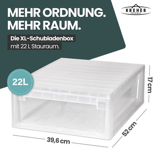 Set: 2 x Schubladenbox 52 Größe XL, 22 Liter - extra tief und halbhoch (weiss, transparent)