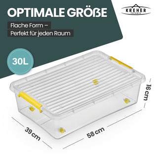 Aufbewahrungsbox 'Simple Store' mit Deckel transparent - stapelbare Kunststoffbox mit Rollen & Clips - 30 Liter (Set wählbar)