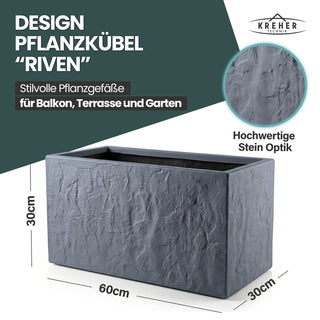 2 x Pflanzkasten 'Riven' in Anthrazit - Blumentopf aus Kunststoff - Steinoptik - 60x30x30 cm