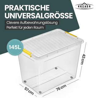 Aufbewahrungsbox 'Simple Store' mit Deckel transparent - stapelbare Kunststoffbox mit Rollen & Clips - 145 Liter (Set wählbar)