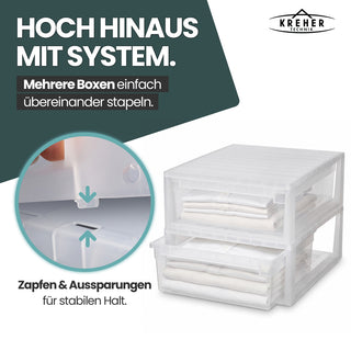 Set: 2 x Schubladenbox 52 Größe XL, 22 Liter - extra tief und halbhoch (weiss, transparent)