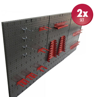 2 x Werkzeuglochwand aus Metall mit 14tlg. Hakenset, 120 x 60 cm